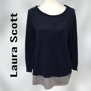 Laura Scott Twofer Sweater with Striped Shirttail, Black, Size Large‎